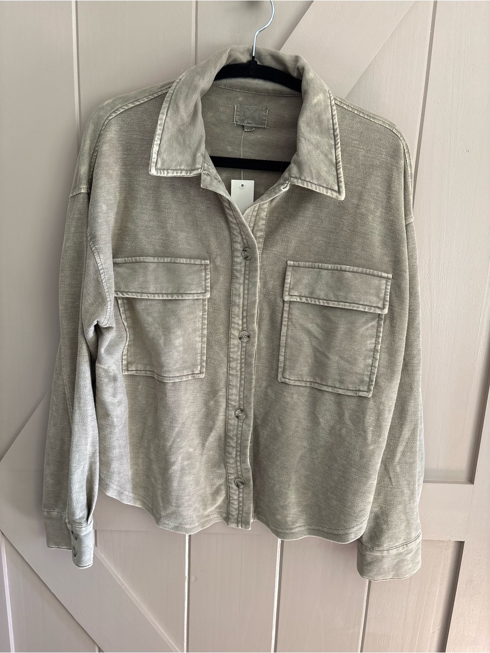 Thread and Supply Olive Green Button-Up Terry Shirt Shacket Pockets size small